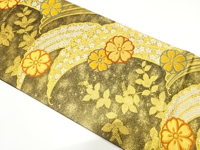 JAPANESE KIMONO / FUKURO OBI FOR FURISODE / WOVEN SAKURA & PLANTS